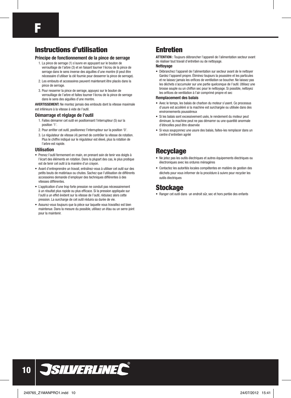 Instructions d’utilisation, Entretien, Recyclage | Stockage | Silverline 135W Multi-Function Rotary Tool User Manual | Page 11 / 28
