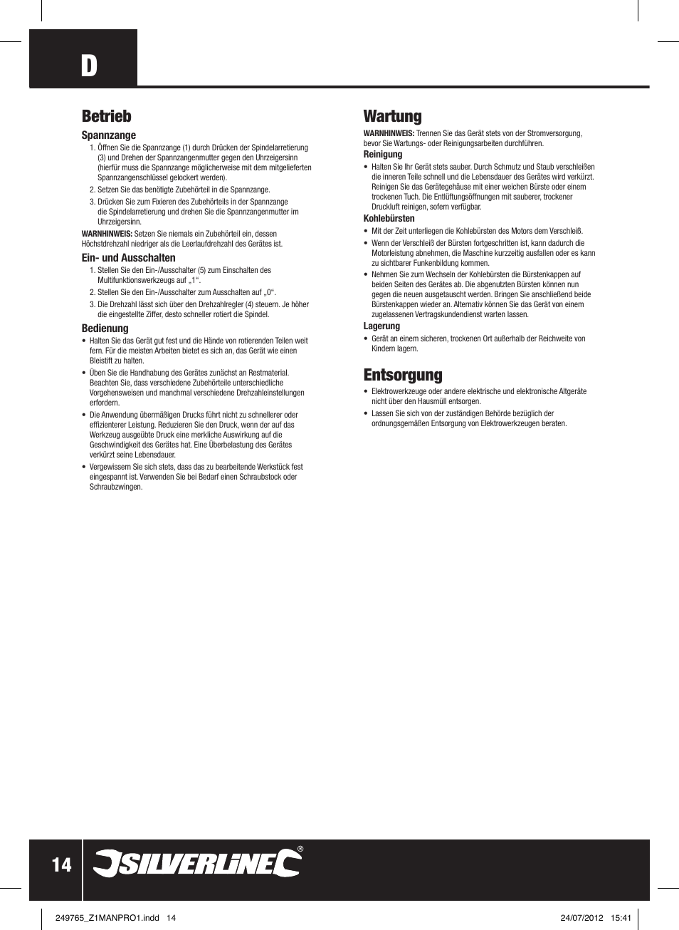 Wartung, Entsorgung, Betrieb | Silverline 135W Multi-Function Rotary Tool User Manual | Page 15 / 28