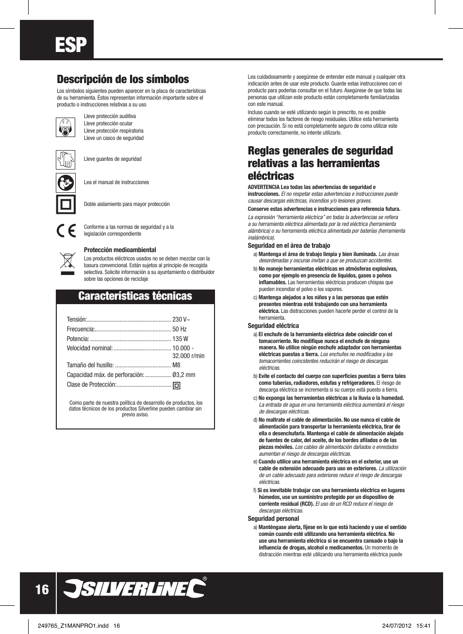 Descripción de los símbolos, Características técnicas | Silverline 135W Multi-Function Rotary Tool User Manual | Page 17 / 28