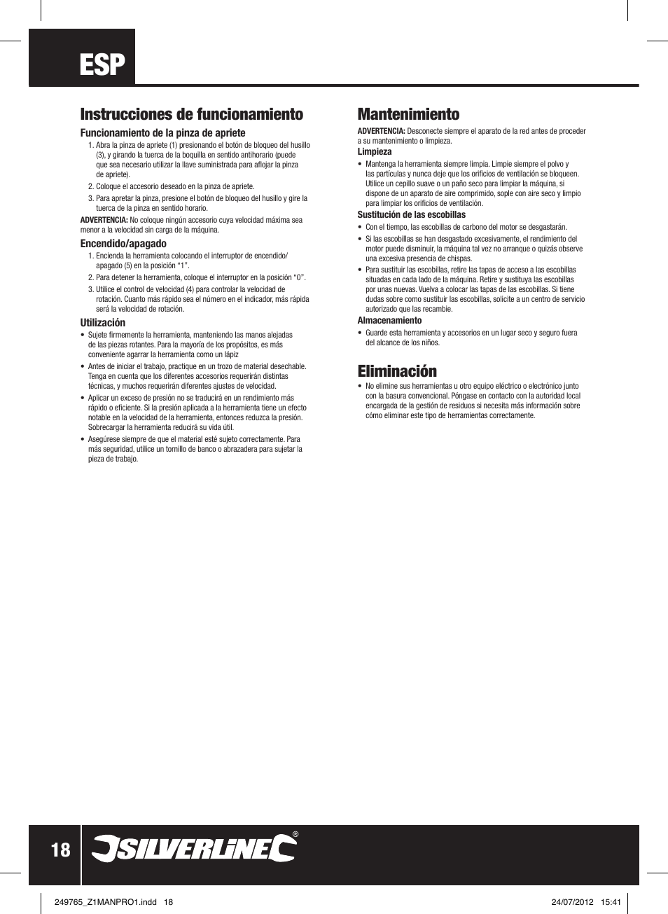 Mantenimiento, Eliminación, Instrucciones de funcionamiento | Silverline 135W Multi-Function Rotary Tool User Manual | Page 19 / 28