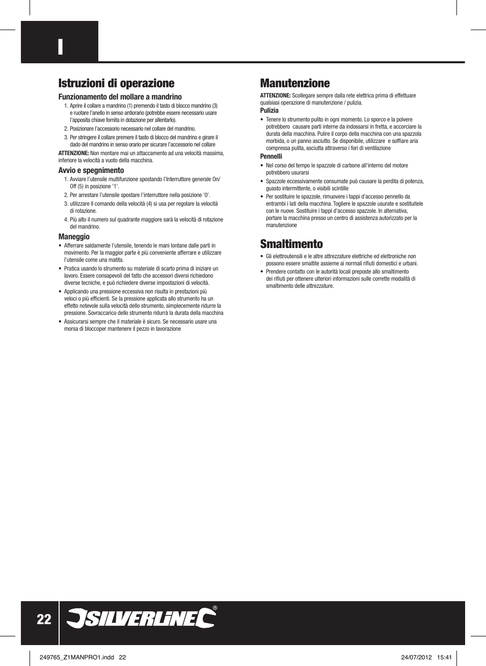 Istruzioni di operazione, Manutenzione, Smaltimento | Silverline 135W Multi-Function Rotary Tool User Manual | Page 23 / 28