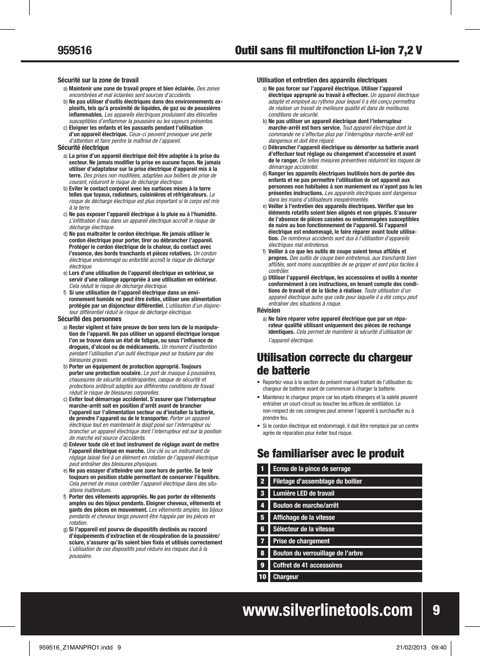Utilisation correcte du chargeur de batterie, Se familiariser avec le produit | Silverline 7.2V Cordless Multi-Tool User Manual | Page 10 / 28