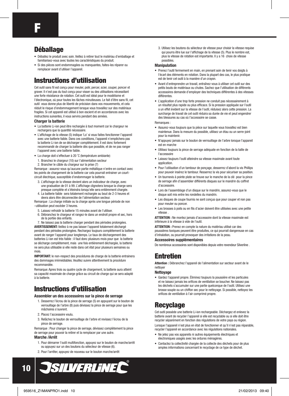 Déballage, Instructions d’utilisation, Entretien | Recyclage | Silverline 7.2V Cordless Multi-Tool User Manual | Page 11 / 28