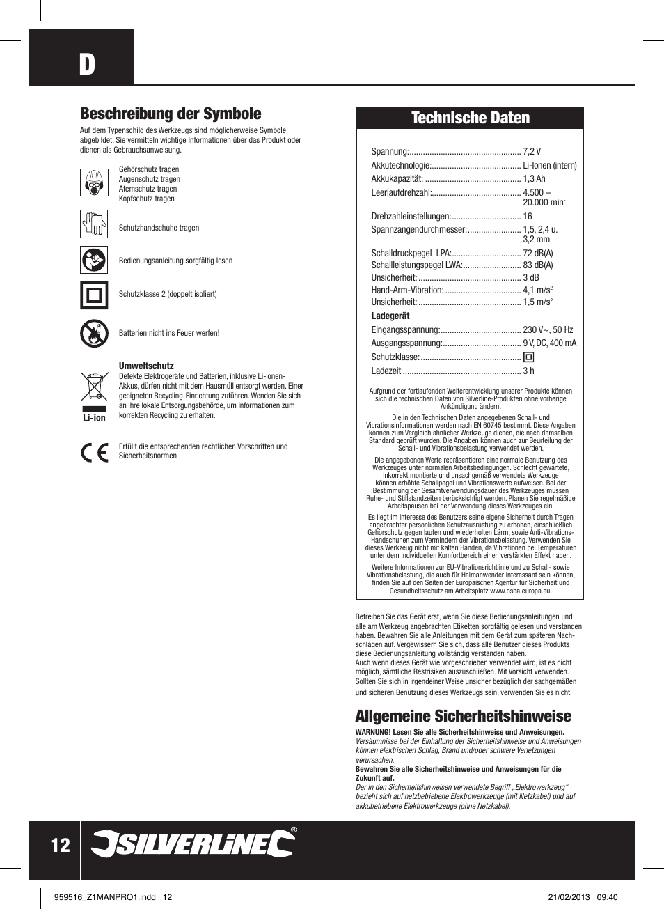 Beschreibung der symbole, Allgemeine sicherheitshinweise, Technische daten | Silverline 7.2V Cordless Multi-Tool User Manual | Page 13 / 28