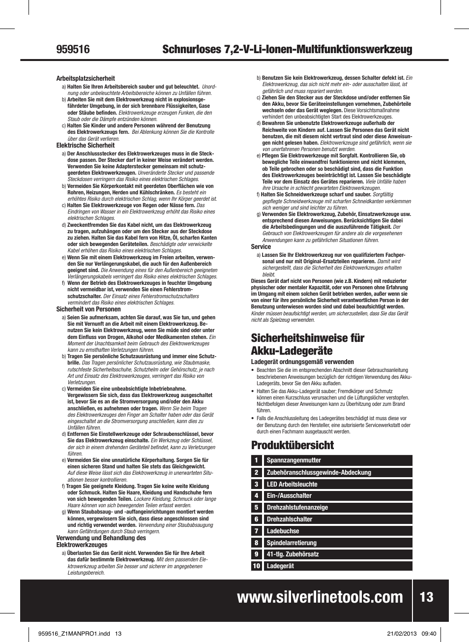 Sicherheitshinweise für akku-ladegeräte, Produktübersicht | Silverline 7.2V Cordless Multi-Tool User Manual | Page 14 / 28
