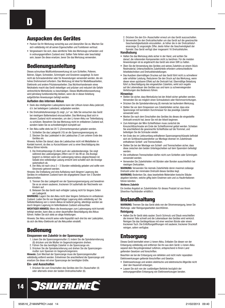 Auspacken des gerätes, Bedienungsanleitung, Bedienung | Instandhaltung, Entsorgung | Silverline 7.2V Cordless Multi-Tool User Manual | Page 15 / 28