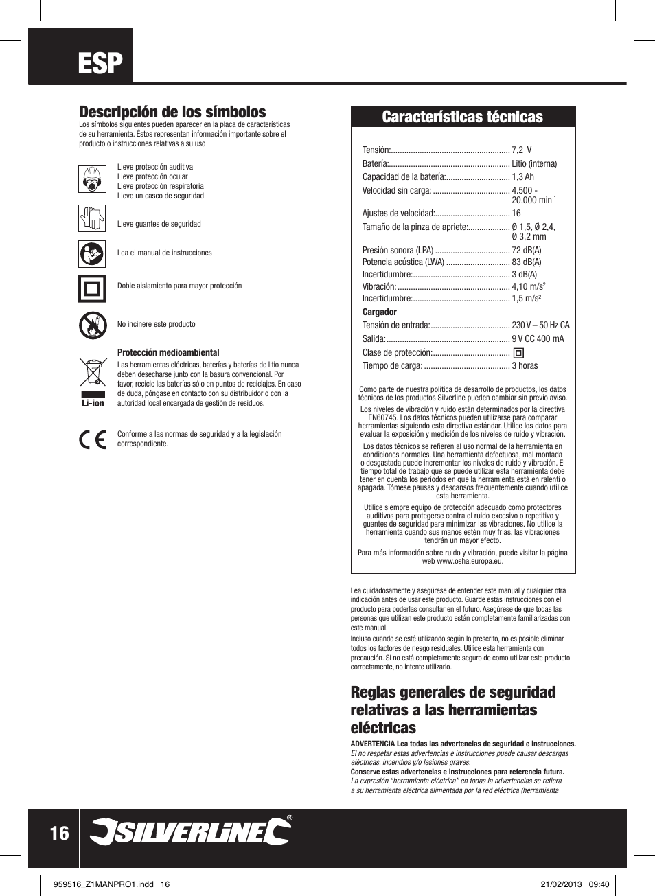 Descripción de los símbolos, Características técnicas | Silverline 7.2V Cordless Multi-Tool User Manual | Page 17 / 28