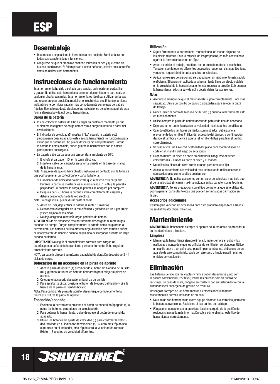 Desembalaje, Instrucciones de funcionamiento, Mantenimiento | Eliminación | Silverline 7.2V Cordless Multi-Tool User Manual | Page 19 / 28