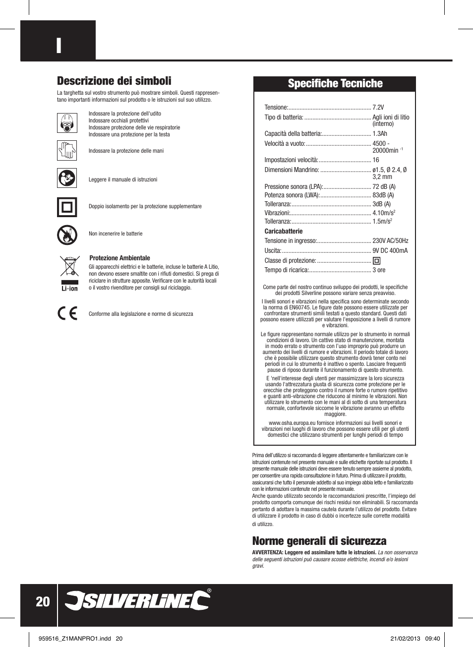 Norme generali di sicurezza, Descrizione dei simboli, Specifiche tecniche | Silverline 7.2V Cordless Multi-Tool User Manual | Page 21 / 28