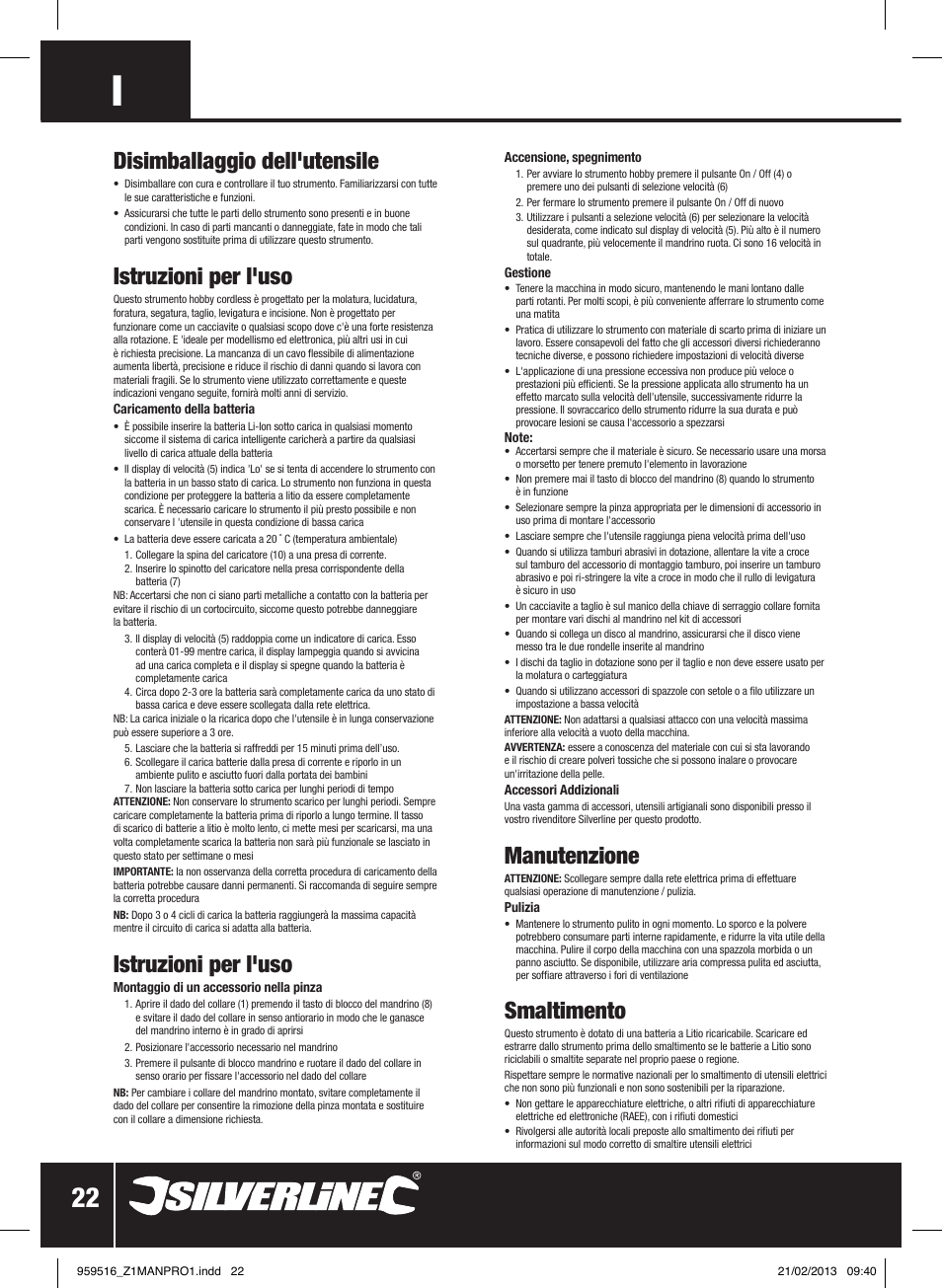 Disimballaggio dell'utensile, Istruzioni per l'uso, Manutenzione | Smaltimento | Silverline 7.2V Cordless Multi-Tool User Manual | Page 23 / 28