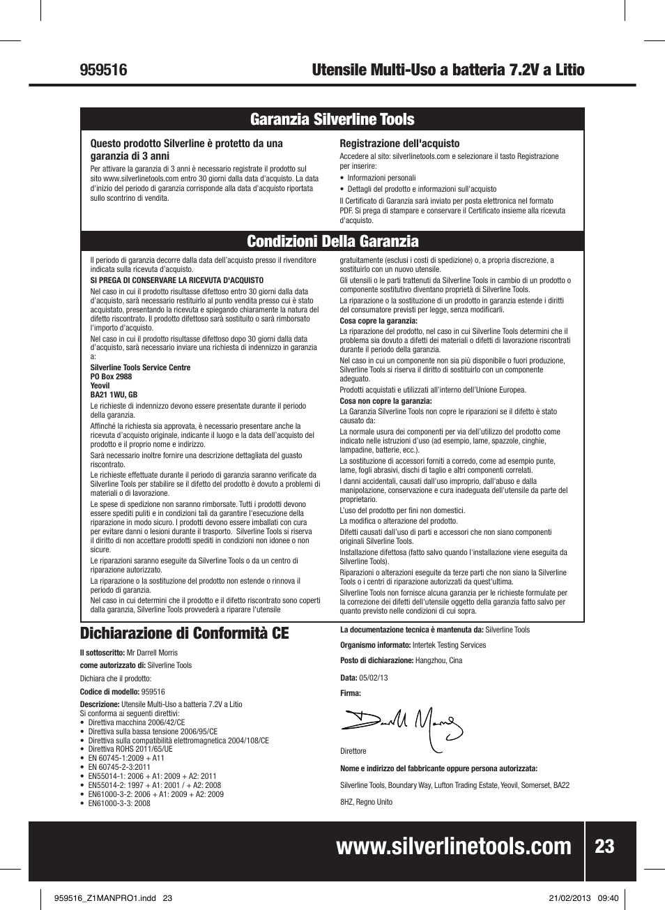 Dichiarazione di conformità ce | Silverline 7.2V Cordless Multi-Tool User Manual | Page 24 / 28