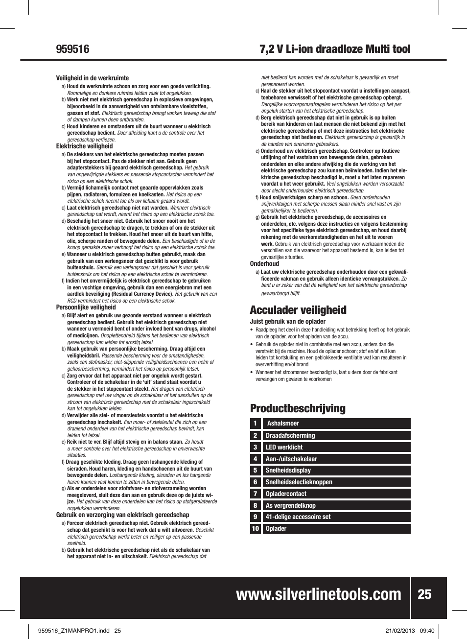 Acculader veiligheid, Productbeschrijving | Silverline 7.2V Cordless Multi-Tool User Manual | Page 26 / 28