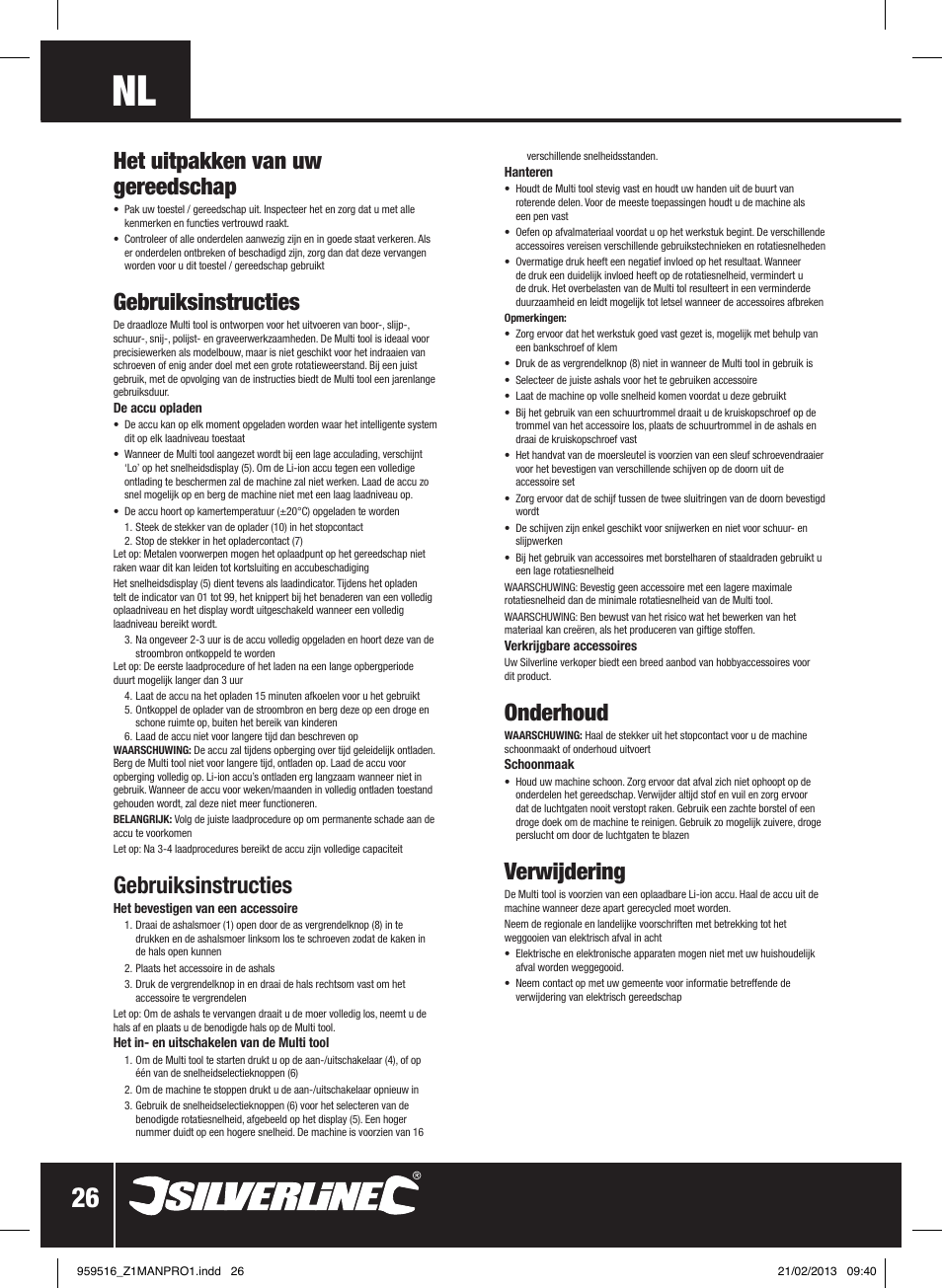 Het uitpakken van uw gereedschap, Gebruiksinstructies, Onderhoud | Verwijdering | Silverline 7.2V Cordless Multi-Tool User Manual | Page 27 / 28
