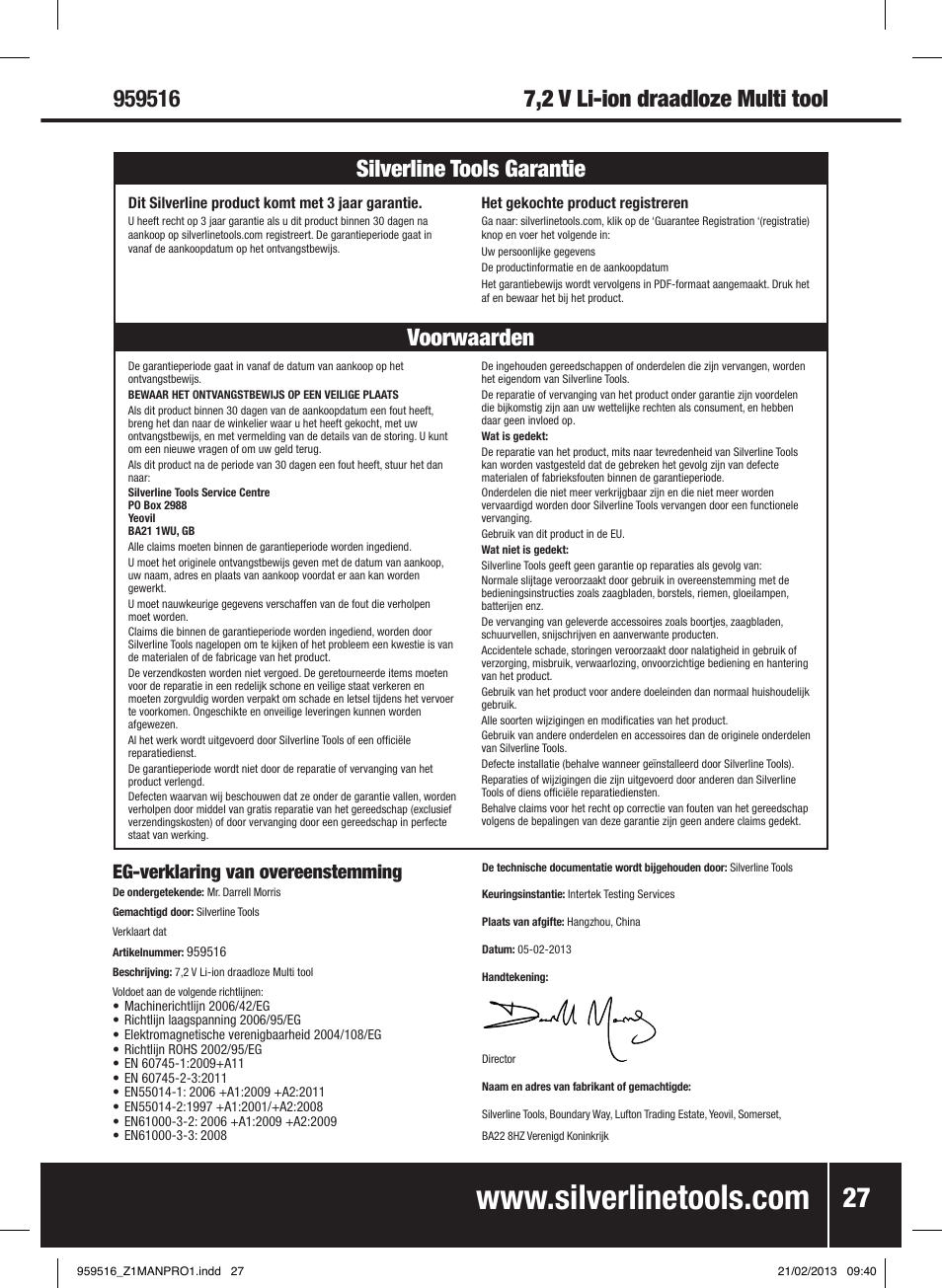 Voorwaarden silverline tools garantie, Eg-verklaring van overeenstemming | Silverline 7.2V Cordless Multi-Tool User Manual | Page 28 / 28