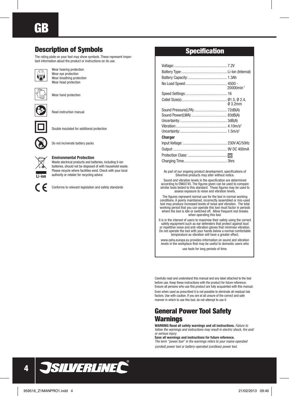Specification, General power tool safety warnings, Description of symbols | Silverline 7.2V Cordless Multi-Tool User Manual | Page 5 / 28