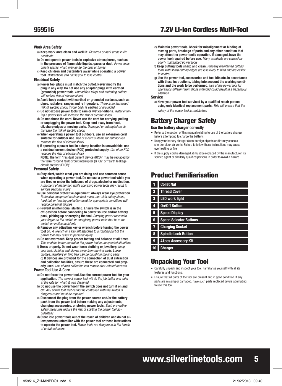 Battery charger safety, Product familiarisation, Unpacking your tool | Silverline 7.2V Cordless Multi-Tool User Manual | Page 6 / 28