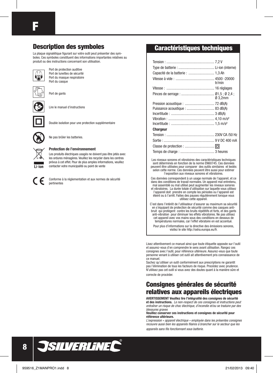 Description des symboles, Caractéristiques techniques | Silverline 7.2V Cordless Multi-Tool User Manual | Page 9 / 28