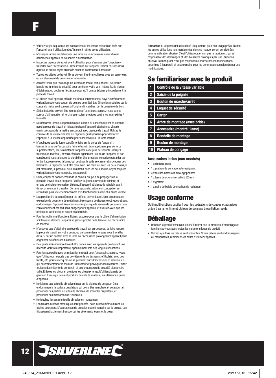 Usage conforme, Déballage, Se familiariser avec le produit | Silverline 260W Oscillating Multi-Tool User Manual | Page 13 / 40