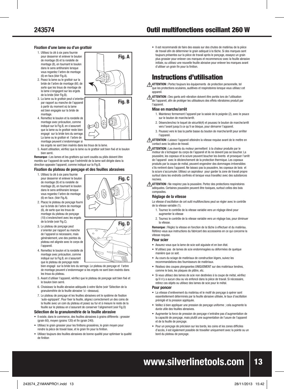 Instructions d’utilisation, Fig. a fig. b fig. c fig. d | Silverline 260W Oscillating Multi-Tool User Manual | Page 14 / 40