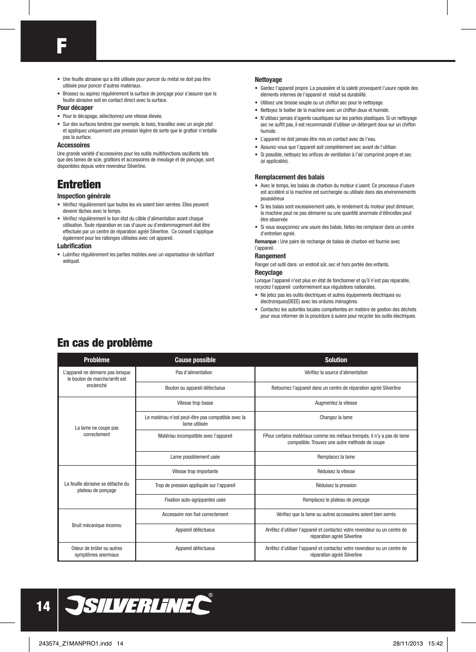 Entretien, En cas de problème | Silverline 260W Oscillating Multi-Tool User Manual | Page 15 / 40