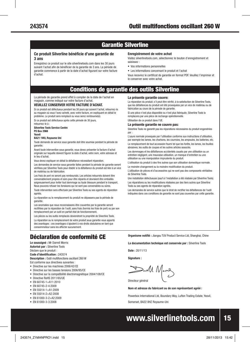 Déclaration de conformité ce | Silverline 260W Oscillating Multi-Tool User Manual | Page 16 / 40