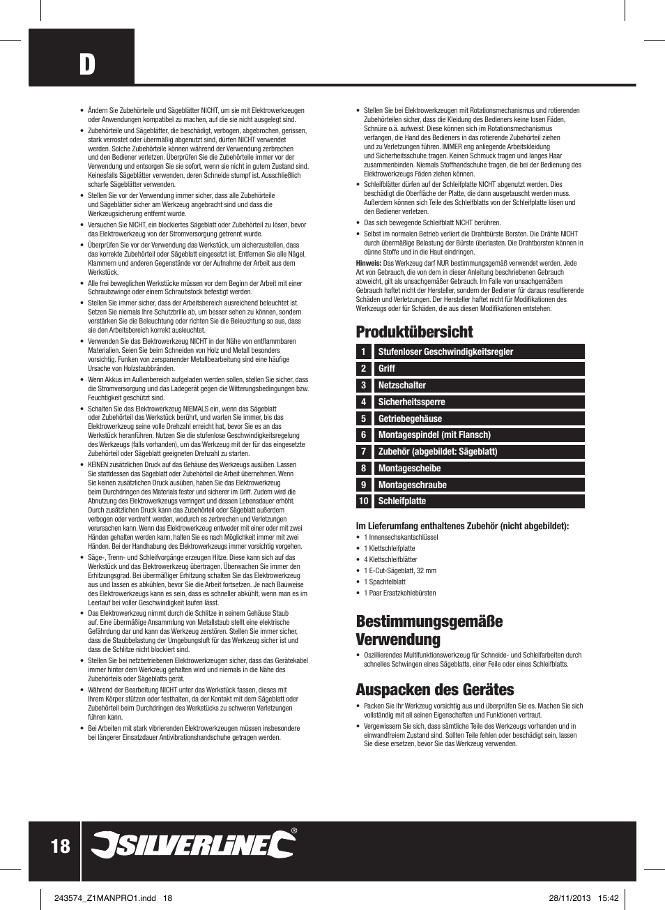 Bestimmungsgemäße verwendung, Auspacken des gerätes, Produktübersicht | Silverline 260W Oscillating Multi-Tool User Manual | Page 19 / 40