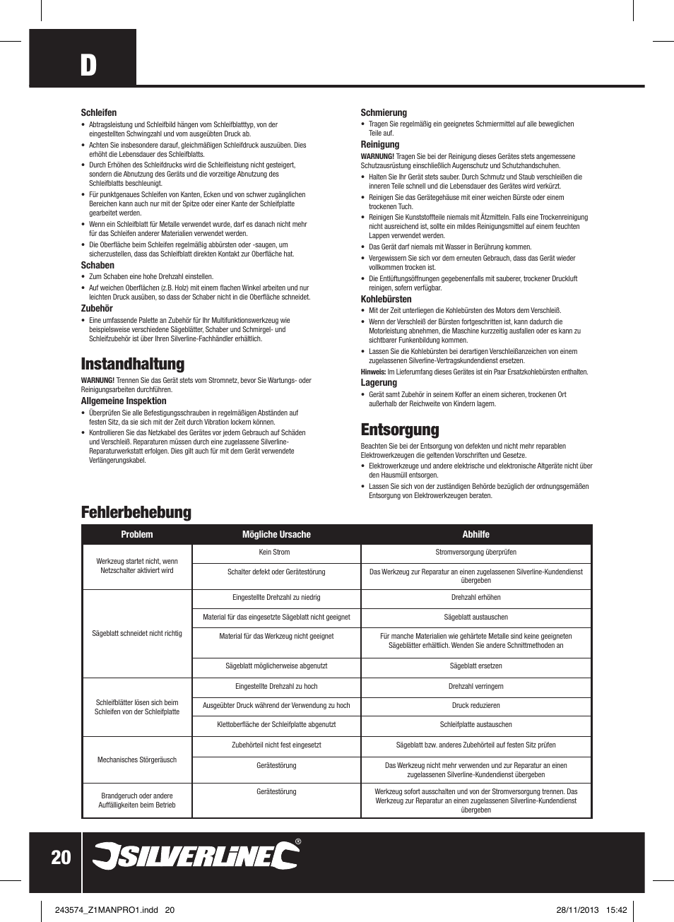 Instandhaltung, Entsorgung, Fehlerbehebung | Silverline 260W Oscillating Multi-Tool User Manual | Page 21 / 40