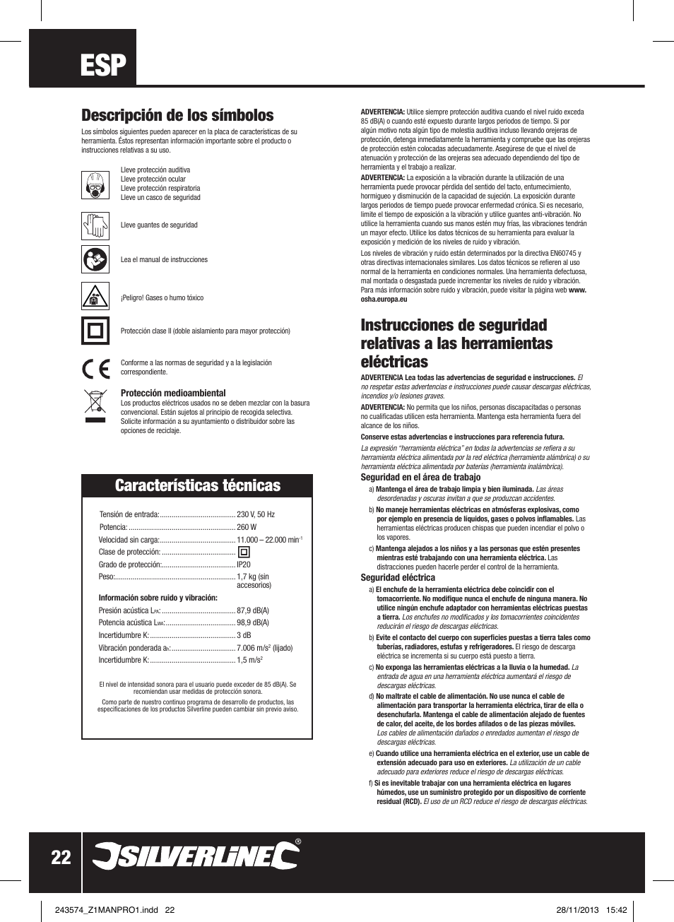 Descripción de los símbolos, Características técnicas | Silverline 260W Oscillating Multi-Tool User Manual | Page 23 / 40