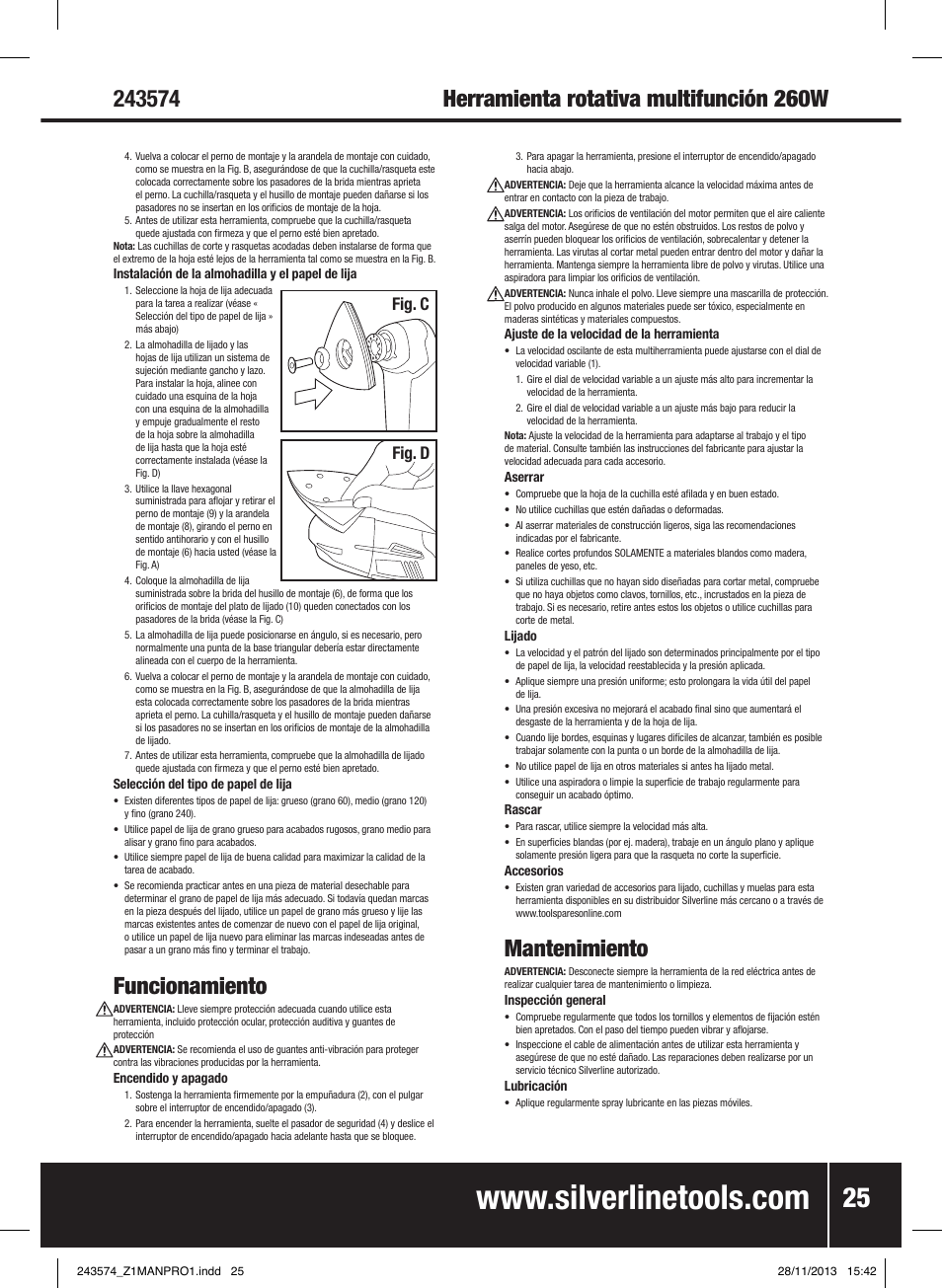 Funcionamiento, Mantenimiento, Fig. c fig. d | Silverline 260W Oscillating Multi-Tool User Manual | Page 26 / 40