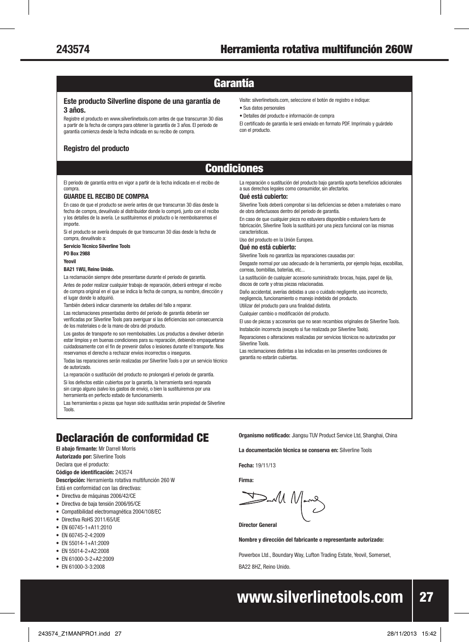 Declaración de conformidad ce | Silverline 260W Oscillating Multi-Tool User Manual | Page 28 / 40