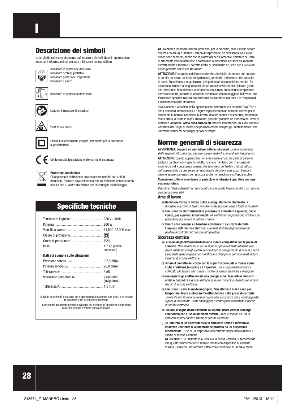 Norme generali di sicurezza, Descrizione dei simboli, Specifiche tecniche | Silverline 260W Oscillating Multi-Tool User Manual | Page 29 / 40