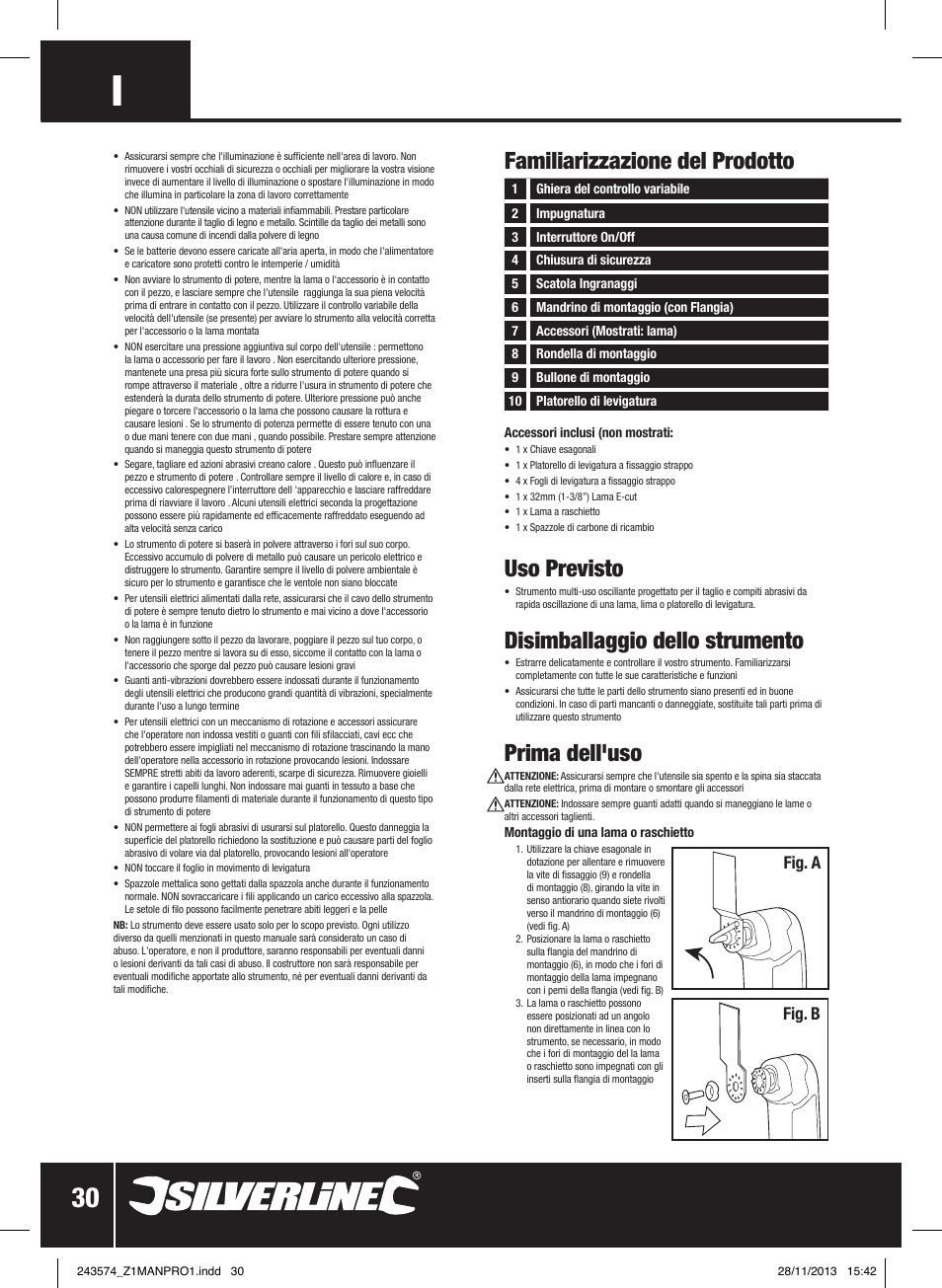Familiarizzazione del prodotto, Uso previsto, Disimballaggio dello strumento | Prima dell'uso, Fig. a fig. b | Silverline 260W Oscillating Multi-Tool User Manual | Page 31 / 40