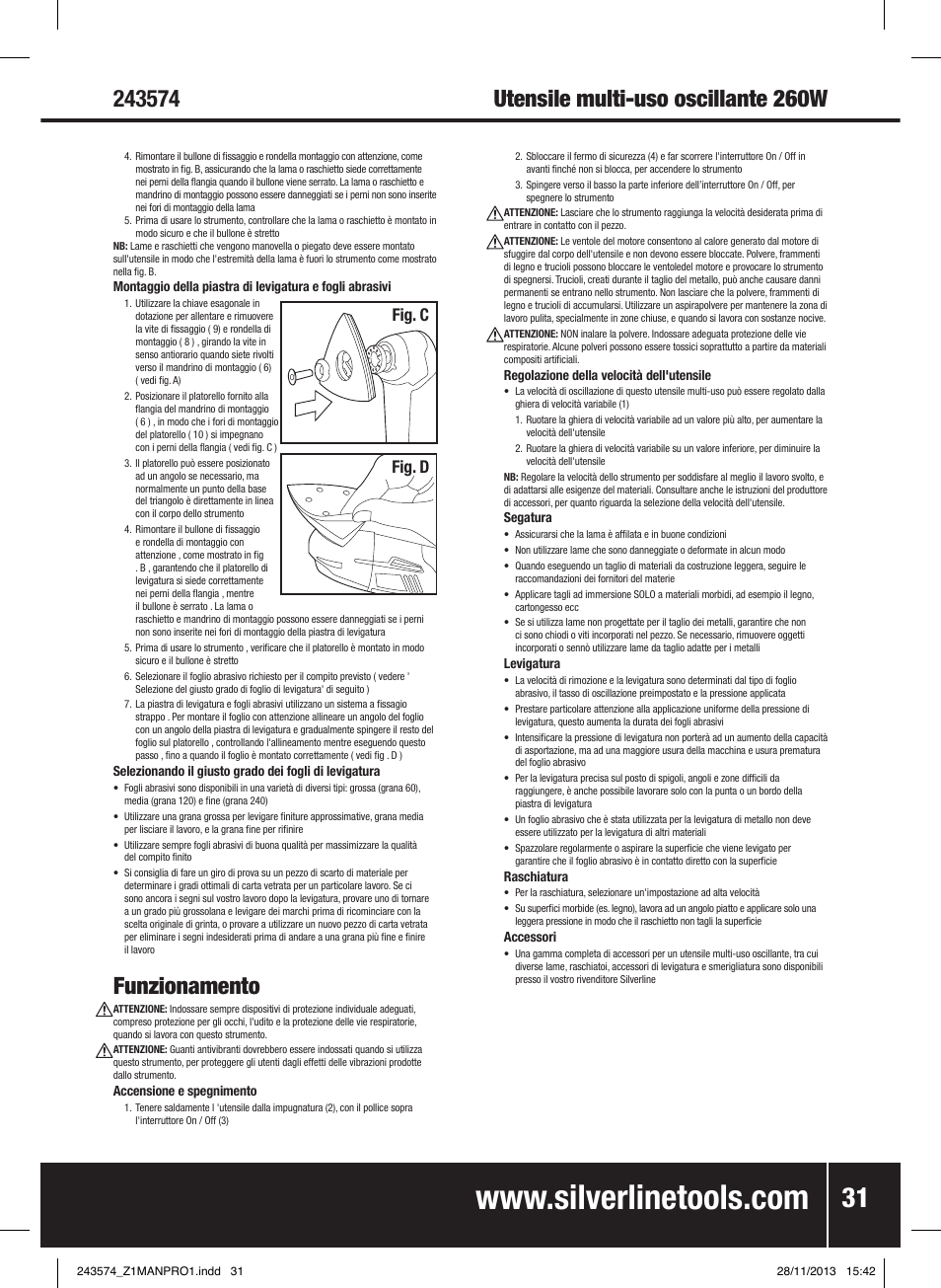 Funzionamento, Fig. c fig. d | Silverline 260W Oscillating Multi-Tool User Manual | Page 32 / 40