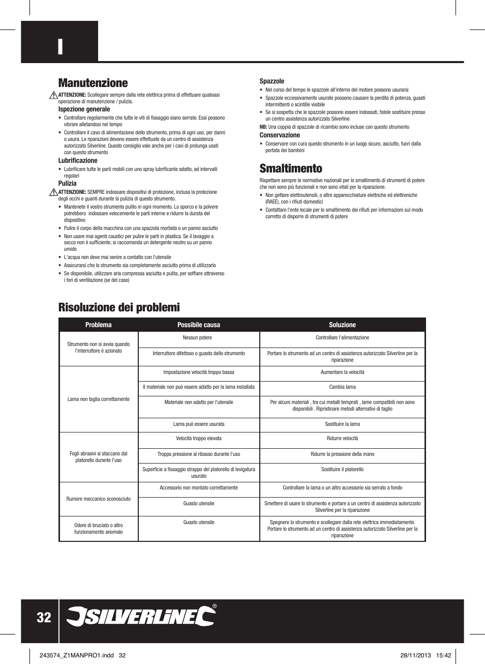 Manutenzione, Risoluzione dei problemi, Smaltimento | Silverline 260W Oscillating Multi-Tool User Manual | Page 33 / 40