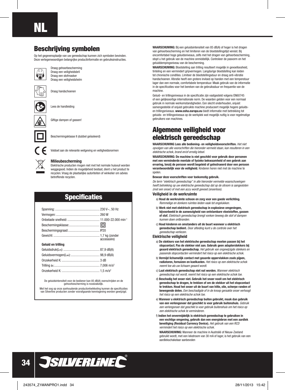 Algemene veiligheid voor elektrisch gereedschap, Beschrijving symbolen, Specificaties | Silverline 260W Oscillating Multi-Tool User Manual | Page 35 / 40