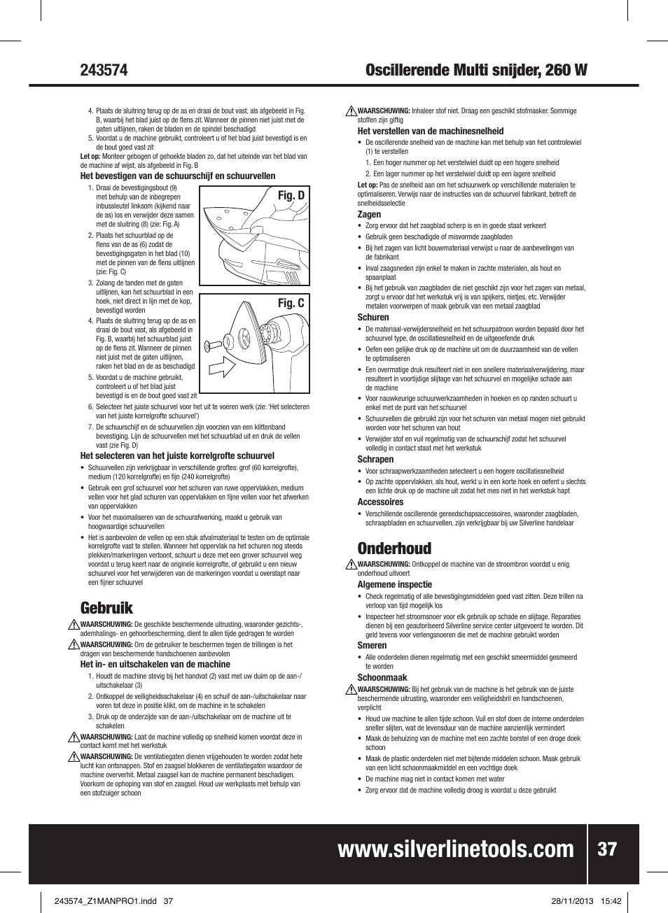 Gebruik, Onderhoud, Fig. c fig. d | Silverline 260W Oscillating Multi-Tool User Manual | Page 38 / 40