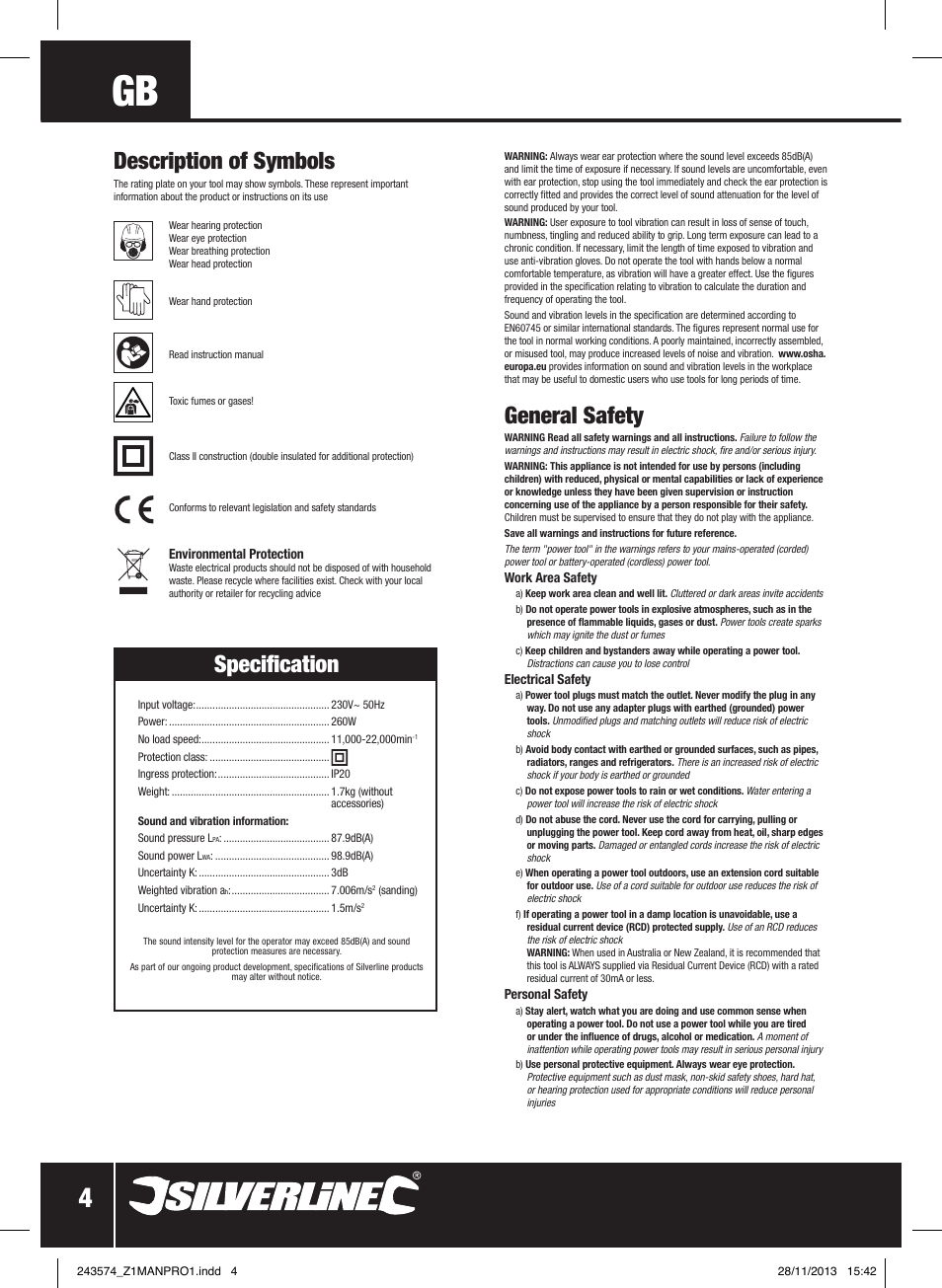 General safety, Description of symbols, Specification | Silverline 260W Oscillating Multi-Tool User Manual | Page 5 / 40