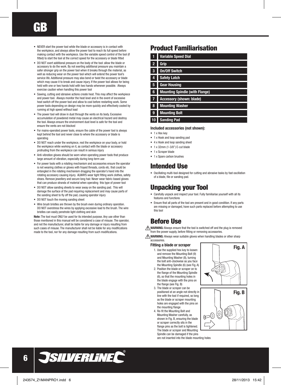 Intended use, Unpacking your tool, Before use | Product familiarisation, Fig. a fig. b | Silverline 260W Oscillating Multi-Tool User Manual | Page 7 / 40