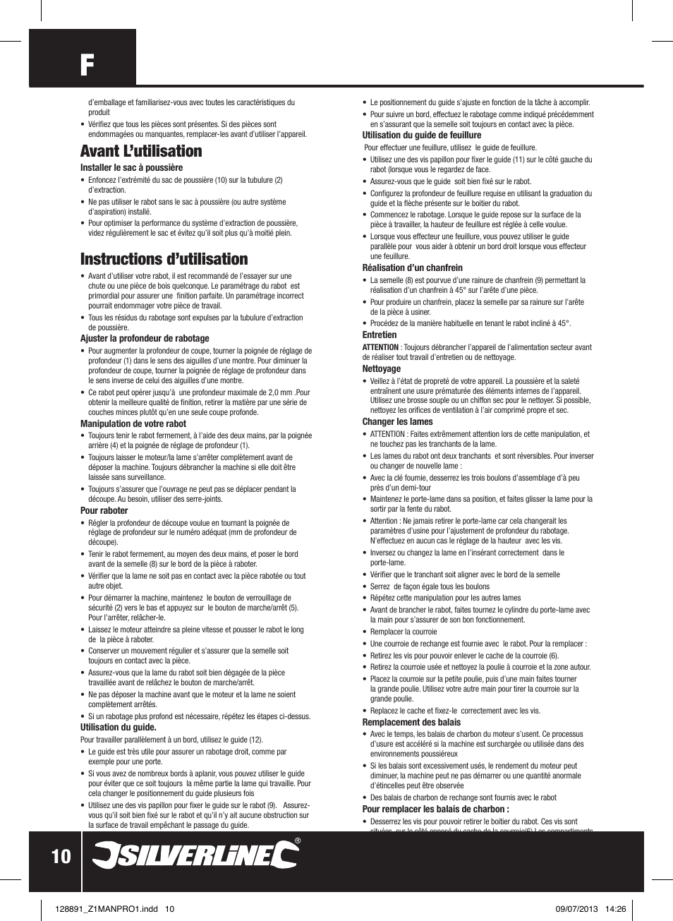 Avant l’utilisation, Instructions d’utilisation | Silverline 710W Planer User Manual | Page 11 / 28
