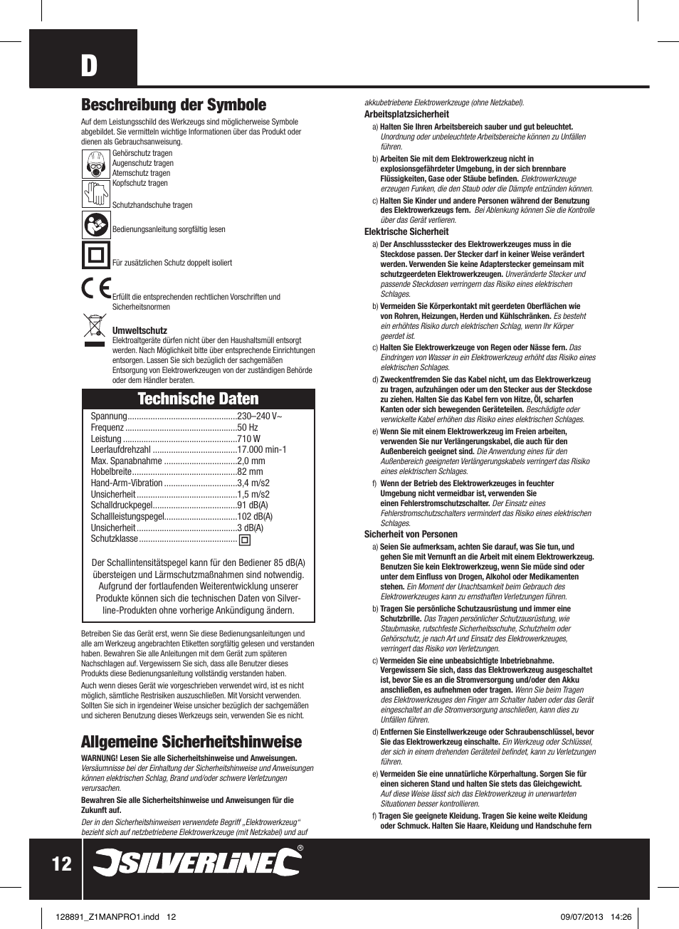 Technische daten, Allgemeine sicherheitshinweise, Beschreibung der symbole | Silverline 710W Planer User Manual | Page 13 / 28