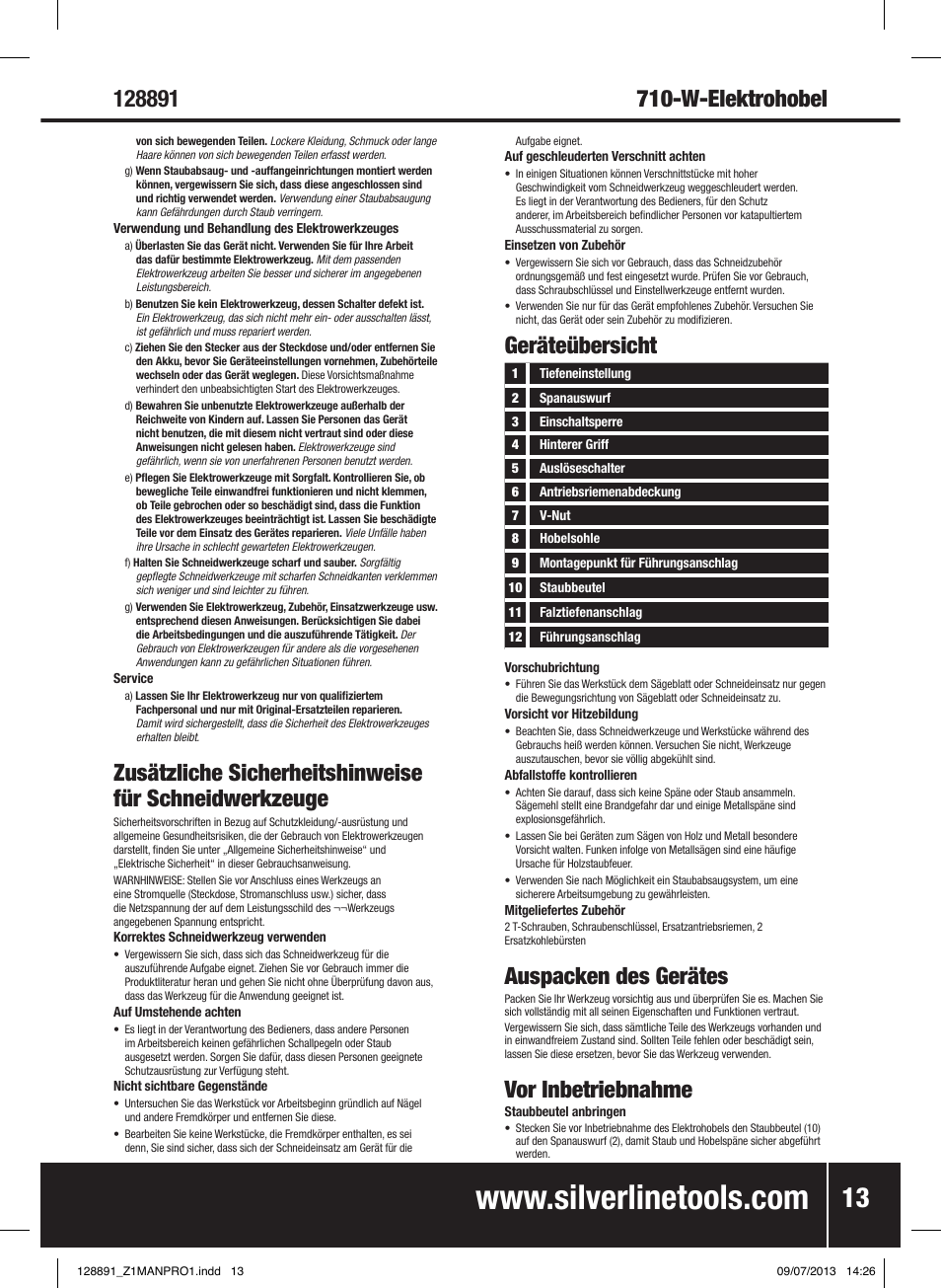 Auspacken des gerätes, Vor inbetriebnahme, Geräteübersicht | Silverline 710W Planer User Manual | Page 14 / 28