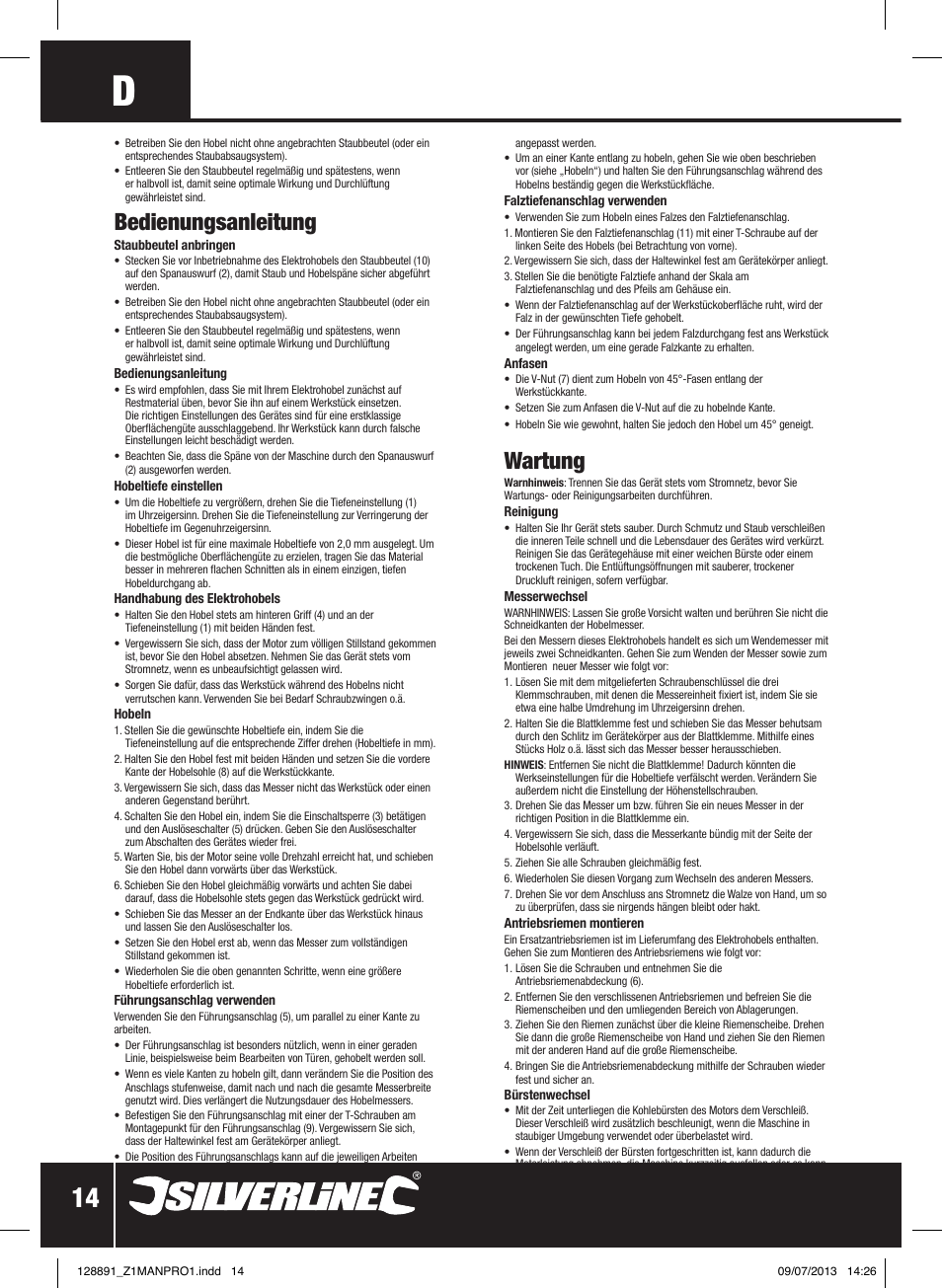 Bedienungsanleitung, Wartung | Silverline 710W Planer User Manual | Page 15 / 28