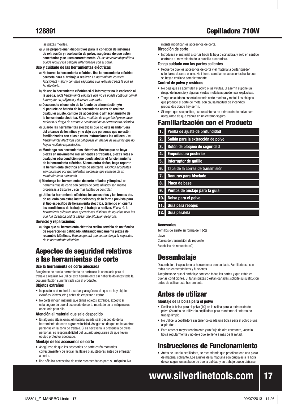 Desembalaje, Antes de utilizar, Instrucciones de funcionamiento | Familiarización con el producto | Silverline 710W Planer User Manual | Page 18 / 28