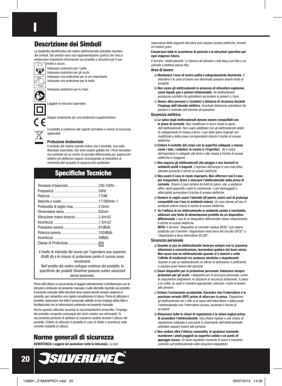 Norme generali di sicurezza, Specifiche tecniche, Descrizione dei simboli | Silverline 710W Planer User Manual | Page 21 / 28