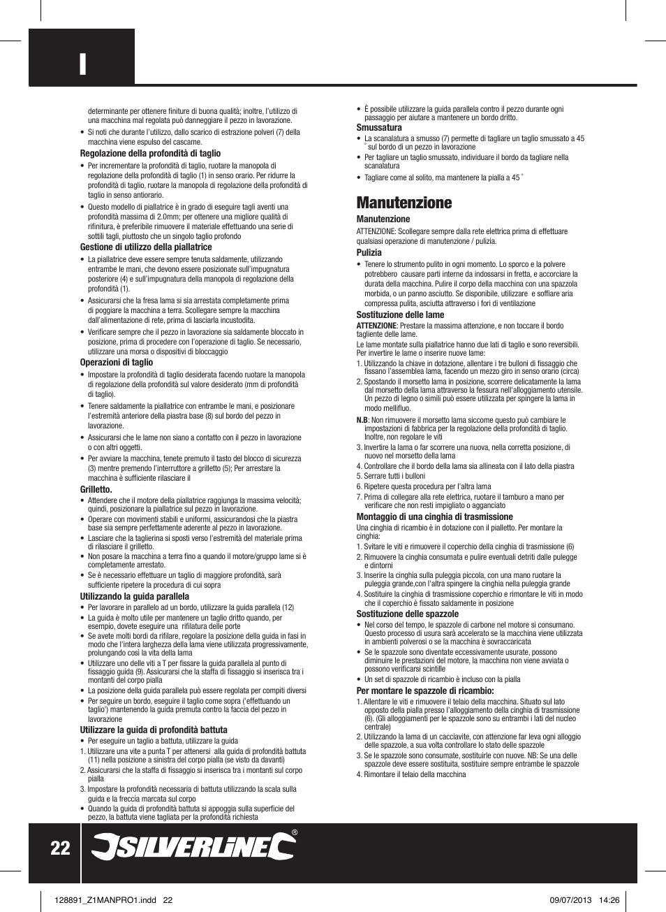 Manutenzione | Silverline 710W Planer User Manual | Page 23 / 28