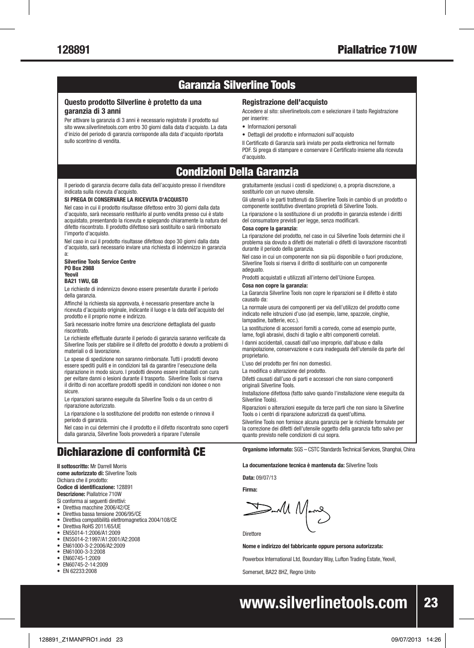 Dichiarazione di conformità ce | Silverline 710W Planer User Manual | Page 24 / 28