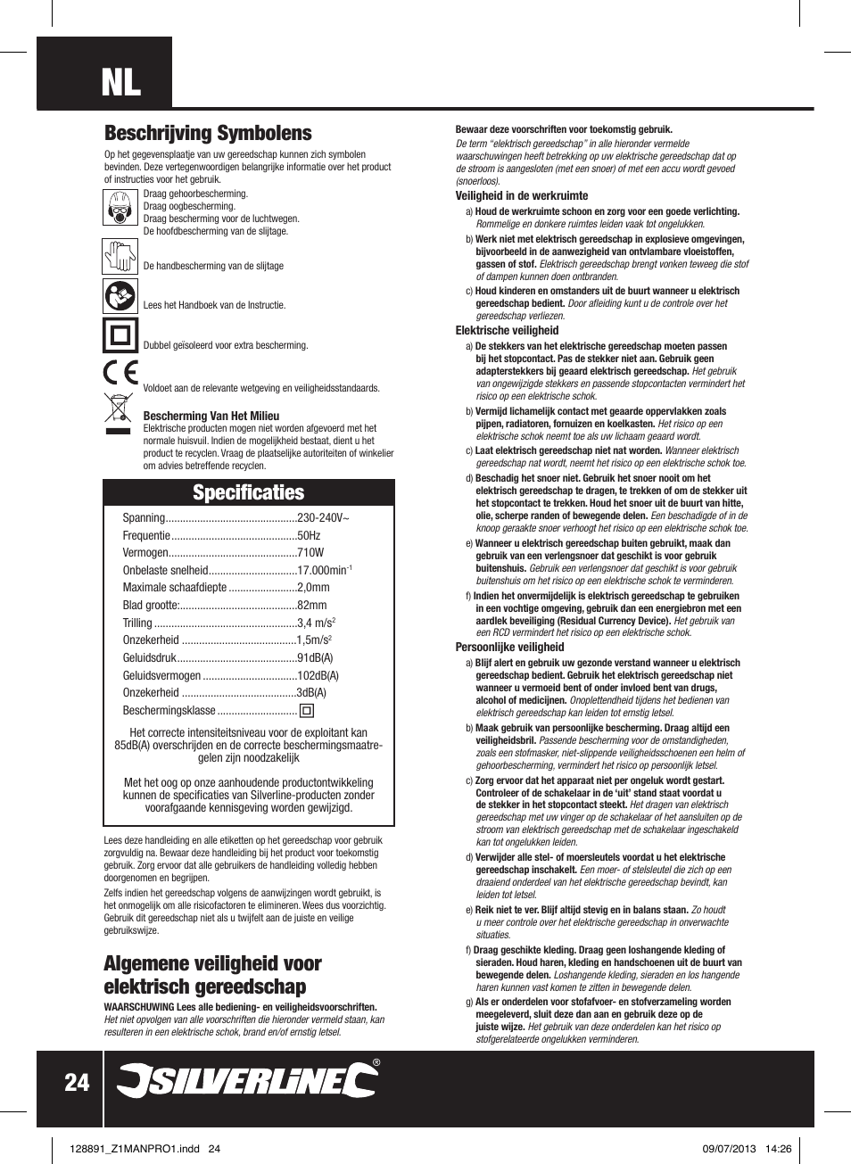 Specificaties, Algemene veiligheid voor elektrisch gereedschap, Beschrijving symbolens | Silverline 710W Planer User Manual | Page 25 / 28