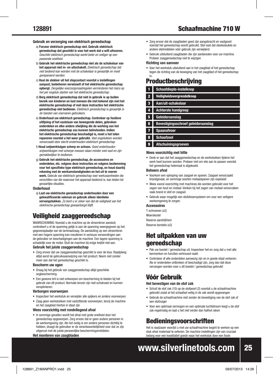 Veiligheid zaaggereedschap, Het uitpakken van uw gereedschap, Vóór gebruik | Bedieningsvoorschriften, Productbeschrijving | Silverline 710W Planer User Manual | Page 26 / 28