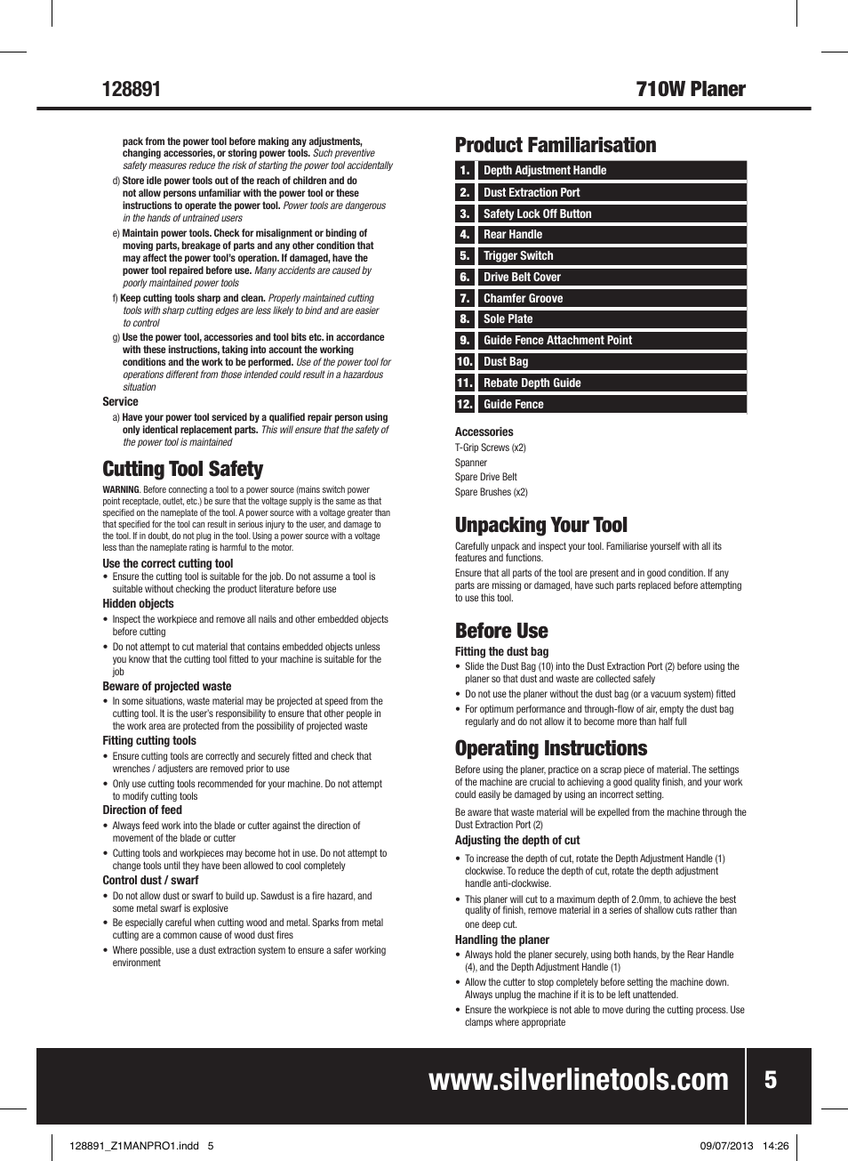 Unpacking your tool, Before use, Operating instructions | Product familiarisation, Cutting tool safety | Silverline 710W Planer User Manual | Page 6 / 28