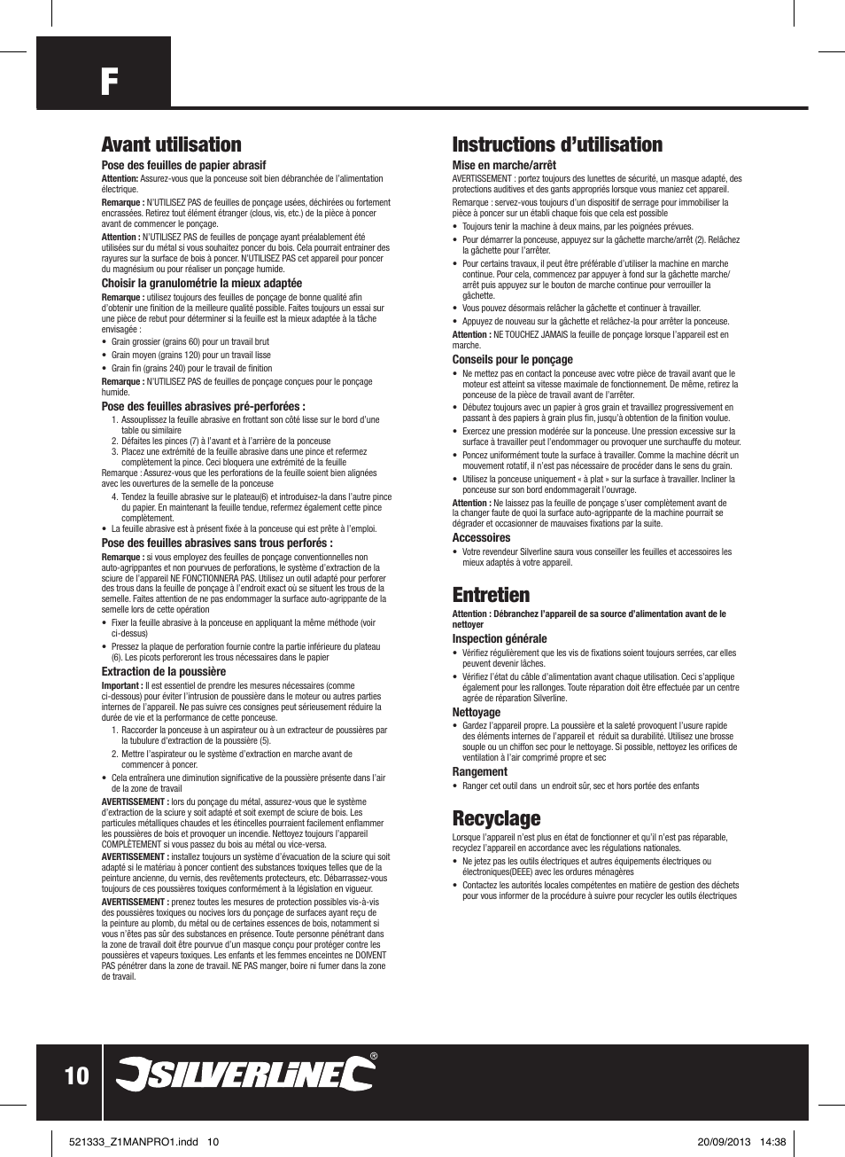 Avant utilisation, Instructions d’utilisation, Entretien | Recyclage | Silverline 135W Orbital Sander 1/3 Sheet User Manual | Page 11 / 28